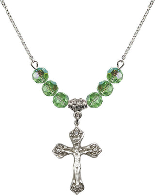 18" Rhodium Plated Necklace with 4mm Peridot Crystal Beads featuring a Sterling Silver Crucifix Medal.