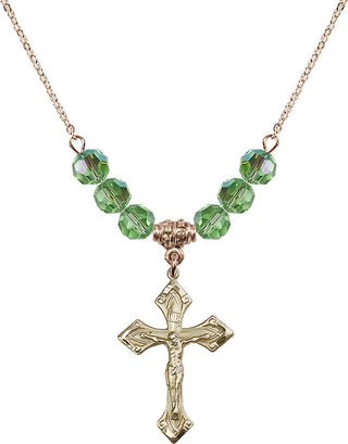 18" Hamilton Gold Plated Necklace with 4mm Peridot Crystal Beads featuring a 14kt Gold Filled Crucifix Medal.