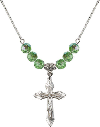 18" Rhodium Plated Necklace with 4mm Peridot Crystal Beads featuring a Sterling Silver Crucifix Medal.