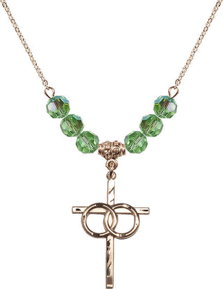 18" Hamilton Gold Plated Necklace with 4mm Peridot Crystal Beads featuring a 14kt Gold Filled Wedding Rings Cross Medal.