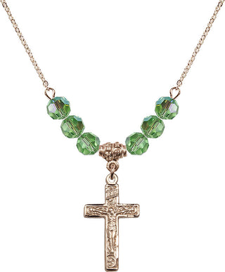 18" Hamilton Gold Plated Necklace with 4mm Peridot Crystal Beads featuring a 14kt Gold Filled Crucifix Medal.