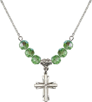 18" Rhodium Plated Necklace with 4mm Peridot Crystal Beads featuring a Sterling Silver Cross Medal.