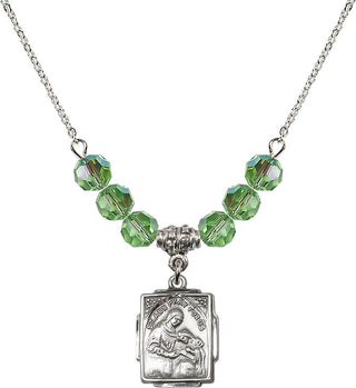 18" Rhodium Plated Necklace with 4mm Peridot Crystal Beads featuring a Sterling Silver Saint Ann Medal. Engraved Catholic Saint Jewelry