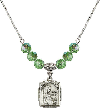 18" Rhodium Plated Necklace with 4mm Peridot Crystal Beads featuring a Sterling Silver Saint Cecilia Medal. Engraved Catholic Saint Jewelry