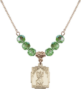 18" Hamilton Gold Plated Necklace with 4mm Peridot Crystal Beads featuring a 14kt Gold Filled Saint Christopher Medal. Engraved Catholic Saint Jewelry