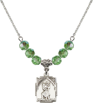 18" Rhodium Plated Necklace with 4mm Peridot Crystal Beads featuring a Sterling Silver Saint Christopher Medal. Engraved Catholic Saint Jewelry