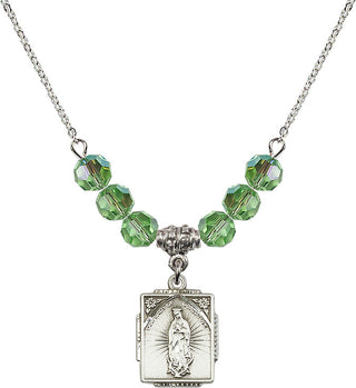 18" Rhodium Plated Necklace with 4mm Peridot Crystal Beads featuring a Sterling Silver Our Lady of Guadalupe Medal. Engraved Catholic Saint Jewelry