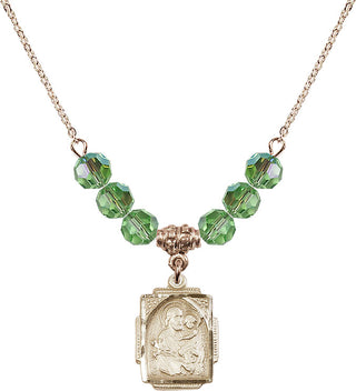 18" Hamilton Gold Plated Necklace with 4mm Peridot Crystal Beads featuring a 14kt Gold Filled Saint Joseph Medal. Engraved Catholic Saint Jewelry