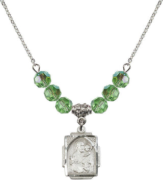 18" Rhodium Plated Necklace with 4mm Peridot Crystal Beads featuring a Sterling Silver Saint Joseph Medal. Engraved Catholic Saint Jewelry