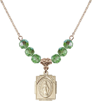 18" Hamilton Gold Plated Necklace with 4mm Peridot Crystal Beads featuring a 14kt Gold Filled Miraculous Medal. Engraved Catholic Saint Jewelry