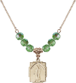 18" Hamilton Gold Plated Necklace with 4mm Peridot Crystal Beads featuring a 14kt Gold Filled Saint Patrick Medal. Engraved Catholic Saint Jewelry