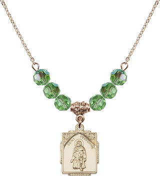 18" Hamilton Gold Plated Necklace with 4mm Peridot Crystal Beads featuring a 14kt Gold Filled Saint Peregrine Medal. Engraved Catholic Saint Jewelry