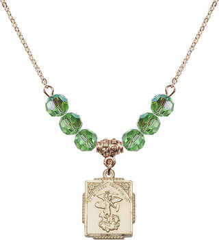18" Hamilton Gold Plated Necklace with 4mm Peridot Crystal Beads featuring a 14kt Gold Filled Saint Michael the Archangel Medal. Engraved Catholic Saint Jewelry