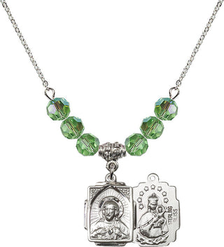 18" Rhodium Plated Necklace with 4mm Peridot Crystal Beads featuring a Sterling Silver Scapular Medal.