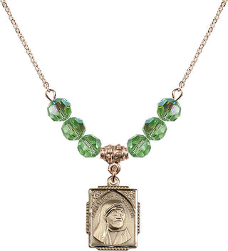 18" Hamilton Gold Plated Necklace with 4mm Peridot Crystal Beads featuring a 14kt Gold Filled Saint Teresa of Calcutta Medal. Engraved Catholic Saint Jewelry