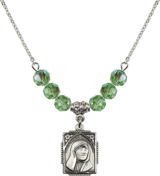 18" Rhodium Plated Necklace with 4mm Peridot Crystal Beads featuring a Sterling Silver Saint Teresa of Calcutta Medal. Engraved Catholic Saint Jewelry