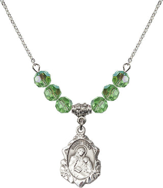 18" Rhodium Plated Necklace with 4mm Peridot Crystal Beads featuring a Sterling Silver Saint Ann Medal. Engraved Catholic Saint Jewelry