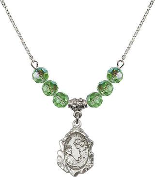 18" Rhodium Plated Necklace with 4mm Peridot Crystal Beads featuring a Sterling Silver Saint Cecilia Medal. Engraved Catholic Saint Jewelry