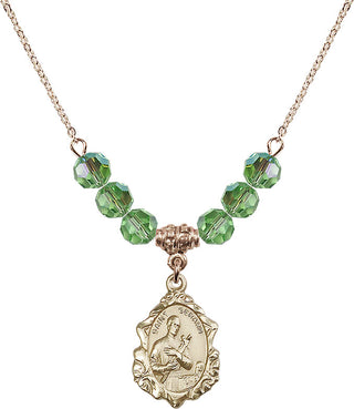 18" Hamilton Gold Plated Necklace with 4mm Peridot Crystal Beads featuring a 14kt Gold Filled Saint Gerard Medal. Engraved Catholic Saint Jewelry