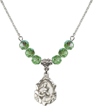 18" Rhodium Plated Necklace with 4mm Peridot Crystal Beads featuring a Sterling Silver Saint Gerard Medal. Engraved Catholic Saint Jewelry