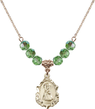 18" Hamilton Gold Plated Necklace with 4mm Peridot Crystal Beads featuring a 14kt Gold Filled Infant of Prague Medal. Engraved Catholic Saint Jewelry