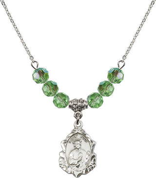 18" Rhodium Plated Necklace with 4mm Peridot Crystal Beads featuring a Sterling Silver Saint Jude Medal. Engraved Catholic Saint Jewelry