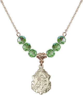 18" Hamilton Gold Plated Necklace with 4mm Peridot Crystal Beads featuring a 14kt Gold Filled Saint Joseph Medal. Engraved Catholic Saint Jewelry