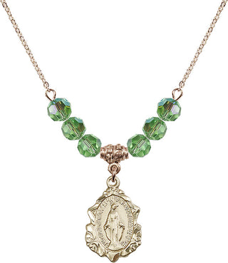 18" Hamilton Gold Plated Necklace with 4mm Peridot Crystal Beads featuring a 14kt Gold Filled Miraculous Medal. Engraved Catholic Saint Jewelry