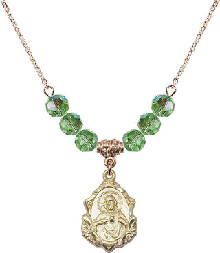 18" Hamilton Gold Plated Necklace with 4mm Peridot Crystal Beads featuring a 14kt Gold Filled Scapular Medal.