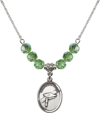 18" Rhodium Plated Necklace with 4mm Peridot Crystal Beads featuring a Sterling Silver Graduation Medal.
