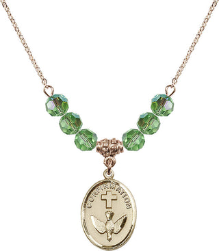 18" Hamilton Gold Plated Necklace with 4mm Peridot Crystal Beads featuring a 14kt Gold Filled Confirmation Medal.
