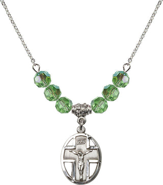 18" Rhodium Plated Necklace with 4mm Peridot Crystal Beads featuring a Sterling Silver Crucifix Medal.