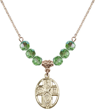 18" Hamilton Gold Plated Necklace with 4mm Peridot Crystal Beads featuring a 14kt Gold Filled 5-Way / Holy Spirit Medal.