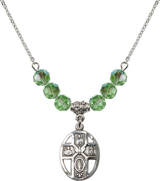 18" Rhodium Plated Necklace with 4mm Peridot Crystal Beads featuring a Sterling Silver 5-Way / Holy Spirit Medal.