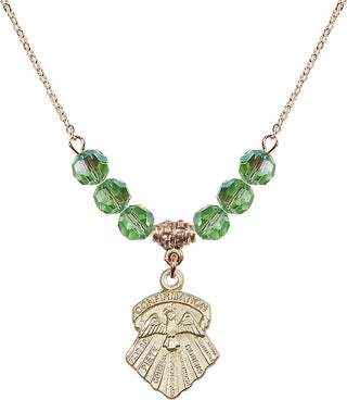 18" Hamilton Gold Plated Necklace with 4mm Peridot Crystal Beads featuring a 14kt Gold Filled Seven Gifts Medal.
