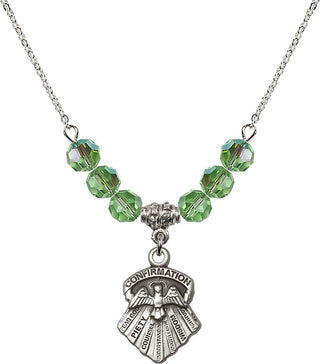 18" Rhodium Plated Necklace with 4mm Peridot Crystal Beads featuring a Sterling Silver Seven Gifts Medal.