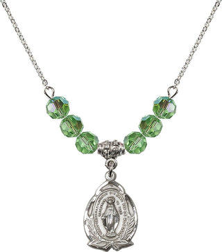 18" Rhodium Plated Necklace with 4mm Peridot Crystal Beads featuring a Sterling Silver Miraculous Medal.