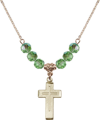 18" Hamilton Gold Plated Necklace with 4mm Peridot Crystal Beads featuring a 14kt Gold Filled Cross Medal.