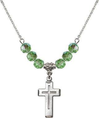 18" Rhodium Plated Necklace with 4mm Peridot Crystal Beads featuring a Sterling Silver Cross Medal.