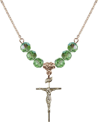 18" Hamilton Gold Plated Necklace with 4mm Peridot Crystal Beads featuring a 14kt Gold Filled Crucifix Medal.