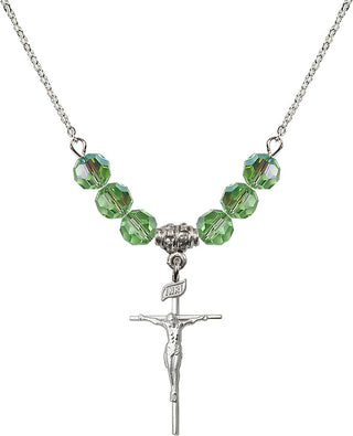 18" Rhodium Plated Necklace with 4mm Peridot Crystal Beads featuring a Sterling Silver Crucifix Medal.