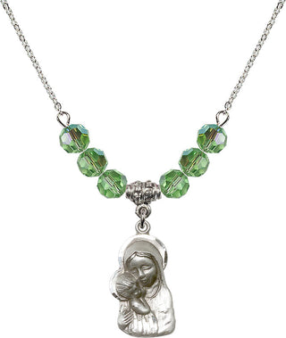 18" Rhodium Plated Necklace with 4mm Peridot Crystal Beads featuring a Sterling Silver Madonna & Child Medal.