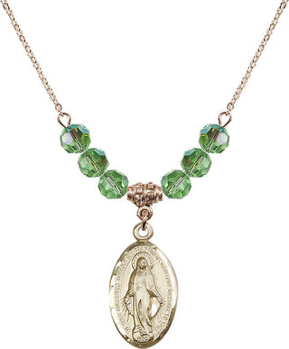 18" Hamilton Gold Plated Necklace with 4mm Peridot Crystal Beads featuring a 14kt Gold Filled Miraculous Medal.