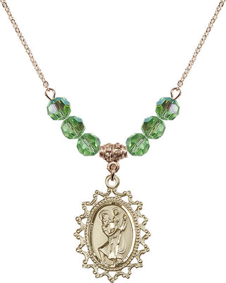 18" Hamilton Gold Plated Necklace with 4mm Peridot Crystal Beads featuring a 14kt Gold Filled Saint Christopher Medal.