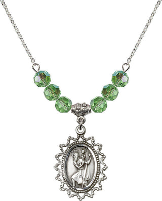 18" Rhodium Plated Necklace with 4mm Peridot Crystal Beads featuring a Sterling Silver Saint Christopher Medal.