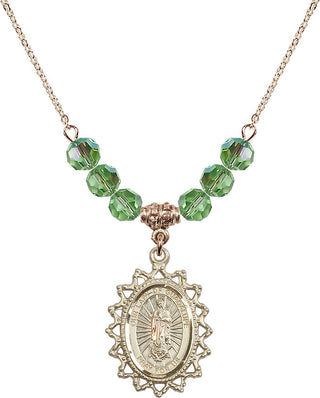 18" Hamilton Gold Plated Necklace with 4mm Peridot Crystal Beads featuring a 14kt Gold Filled Our Lady of Guadalupe Medal.