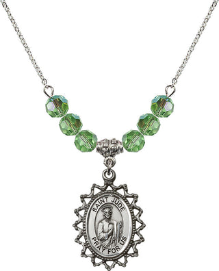 18" Rhodium Plated Necklace with 4mm Peridot Crystal Beads featuring a Sterling Silver Saint Jude Medal.