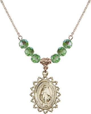 18" Hamilton Gold Plated Necklace with 4mm Peridot Crystal Beads featuring a 14kt Gold Filled Miraculous Medal.