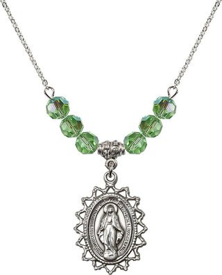 18" Rhodium Plated Necklace with 4mm Peridot Crystal Beads featuring a Sterling Silver Miraculous Medal.