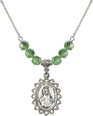 18" Rhodium Plated Necklace with 4mm Peridot Crystal Beads featuring a Sterling Silver Scapular Medal.